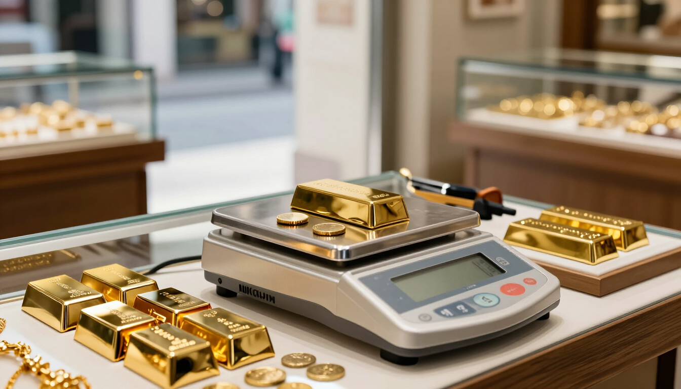 Lingotes de oro sobre una báscula digital en la vitrina de una joyería