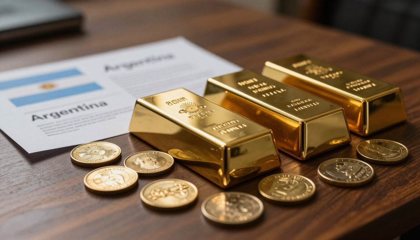 Lingotes y monedas de oro sobre una mesa, junto a documentos financieros