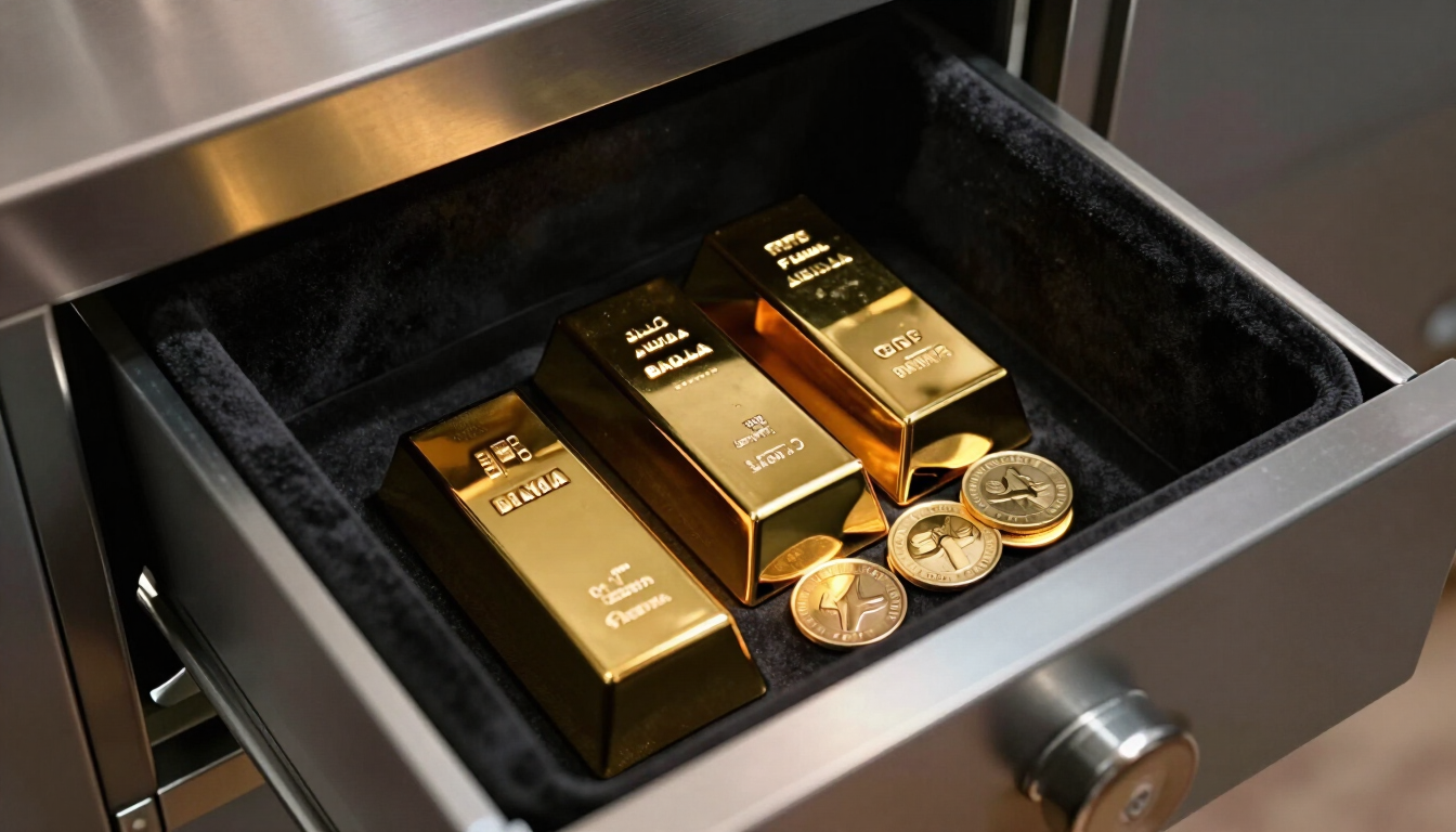 Lingotes y monedas de oro en un cajón abierto de una caja fuerte negra