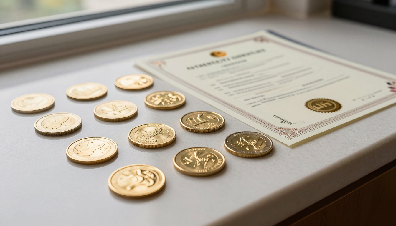 Monedas de oro variadas junto a un certificado sobre una superficie de exposición de color claro.