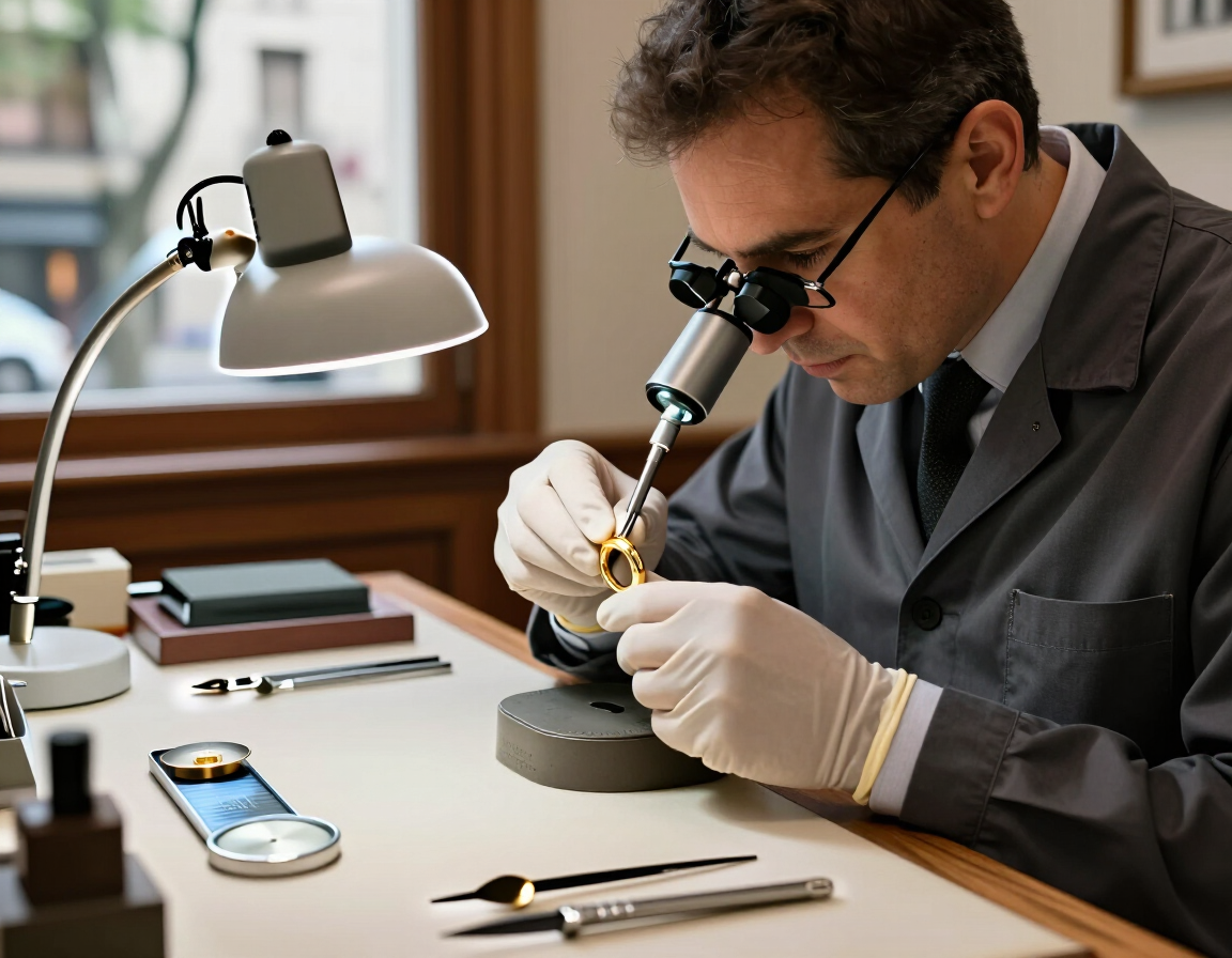 Un técnico utiliza un microscopio para reparar un dispositivo pequeño en una mesa de trabajo con herramientas y una lámpara de escritorio.