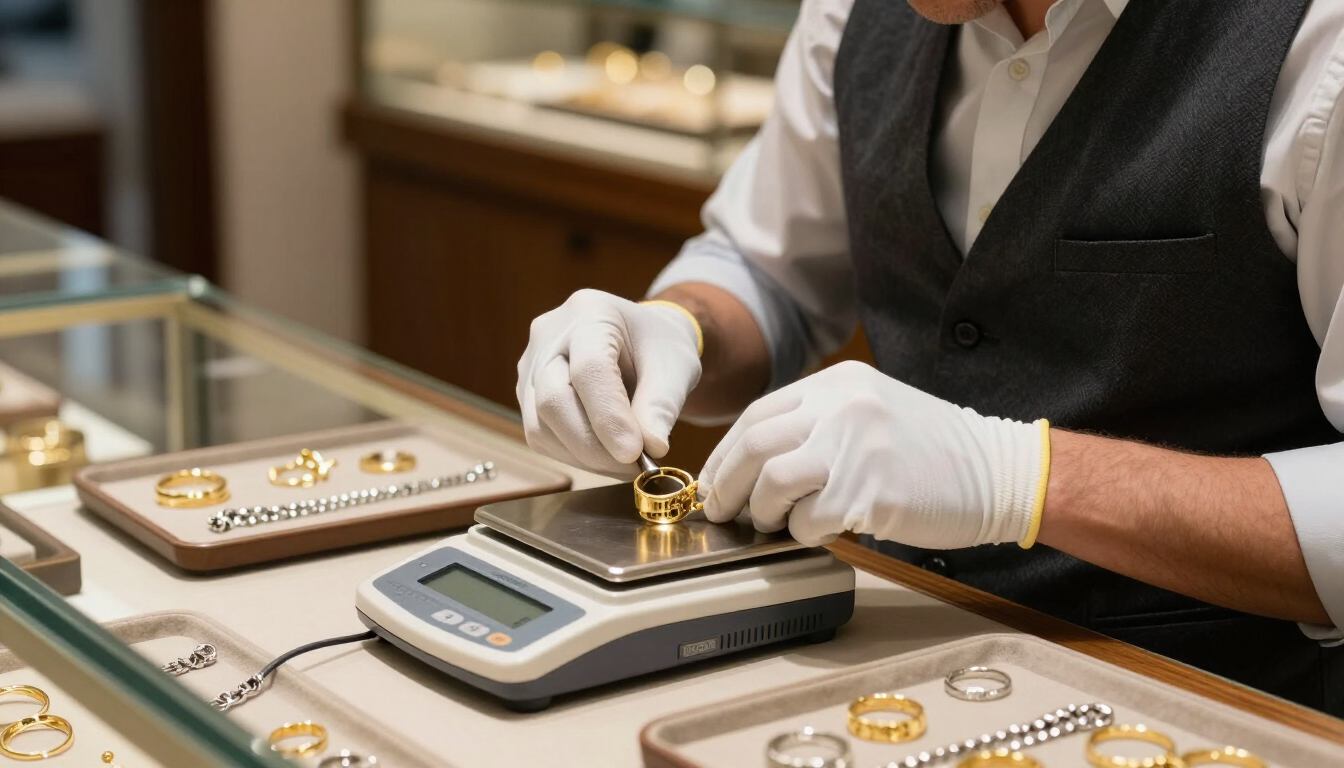 Un joyero con guantes pesa un anillo de oro en una báscula digital en una joyería