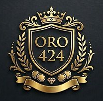 Logotipo de una corona dorada y un emblema de laureles con un escudo que dice «ORO 424» sobre un fondo oscuro