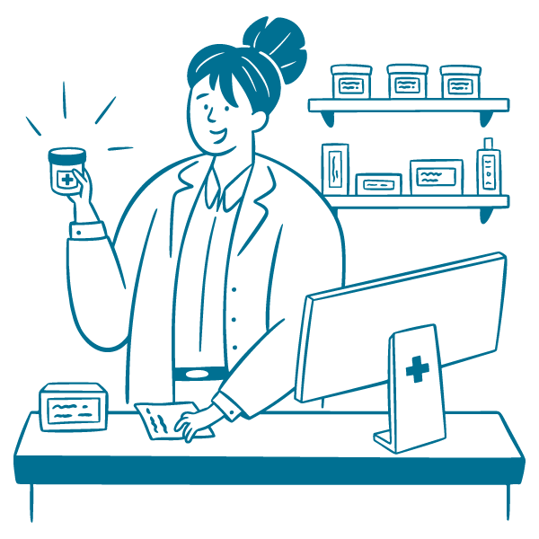 Eine Frau steht in einer Apotheke an einem Tresen und hält ein Glas mit Pillen in der Hand.