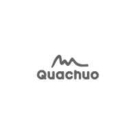 Quachuo logo: gray text and mountain outline.