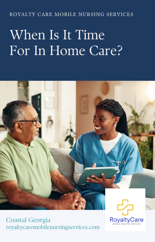 Home care brochure with nurse speaking to an older man, asking “When Is It Time For In Home Care?”
