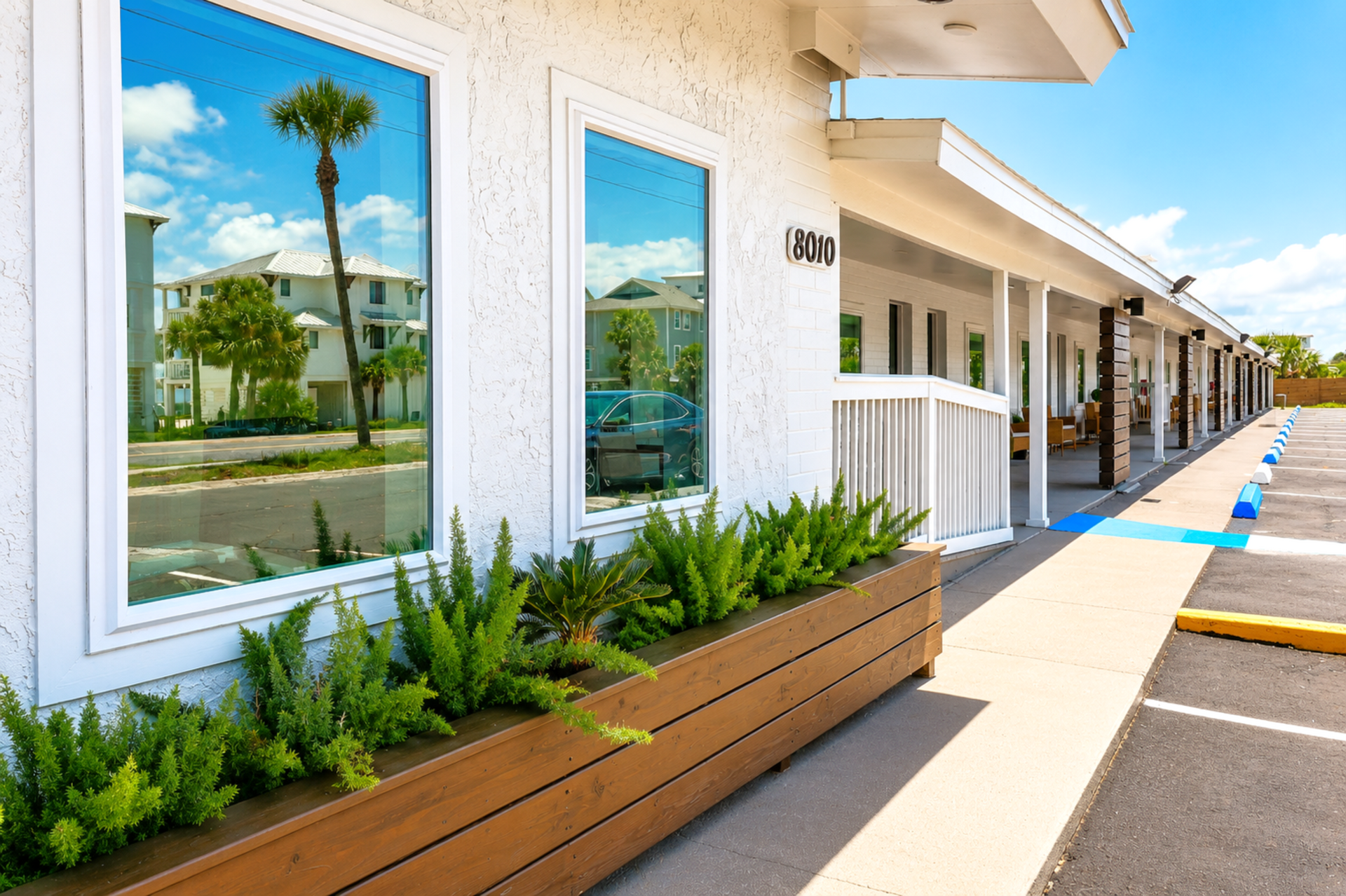 Modern storefront walkway with white buildings, large windows, and a planter of green shrubs and palms