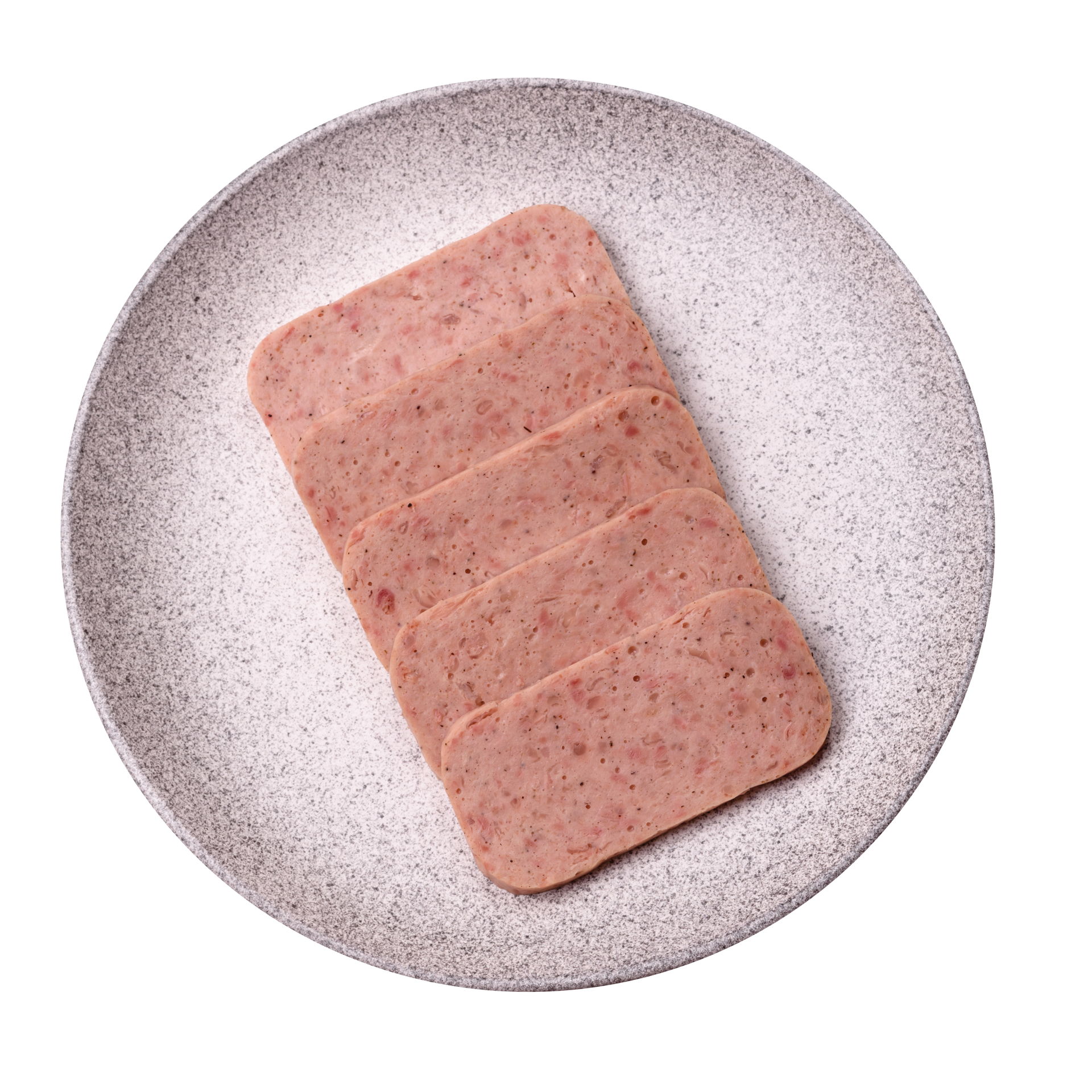 JPOT Japanese hot pot sliced spam laid out on a speckled gray plate bird's eye view