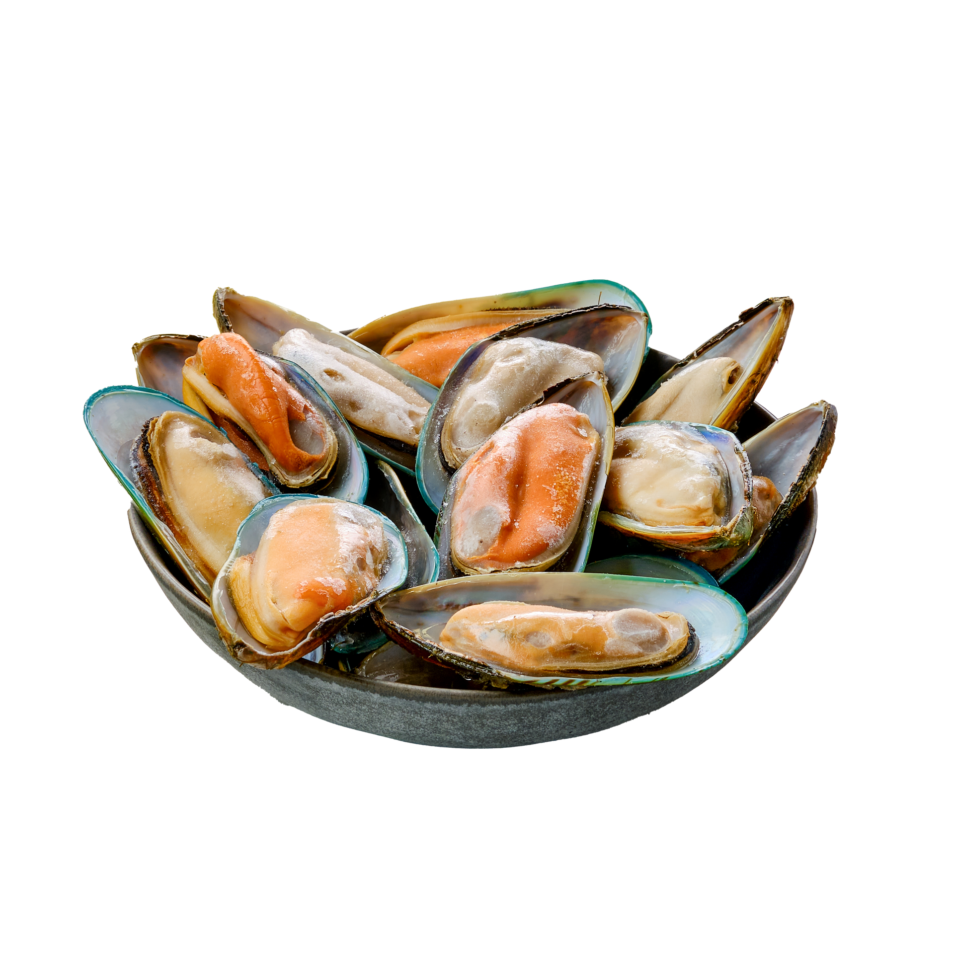 JPOT Japanese BBQ green mussels in a grey stoneware bowl angled view