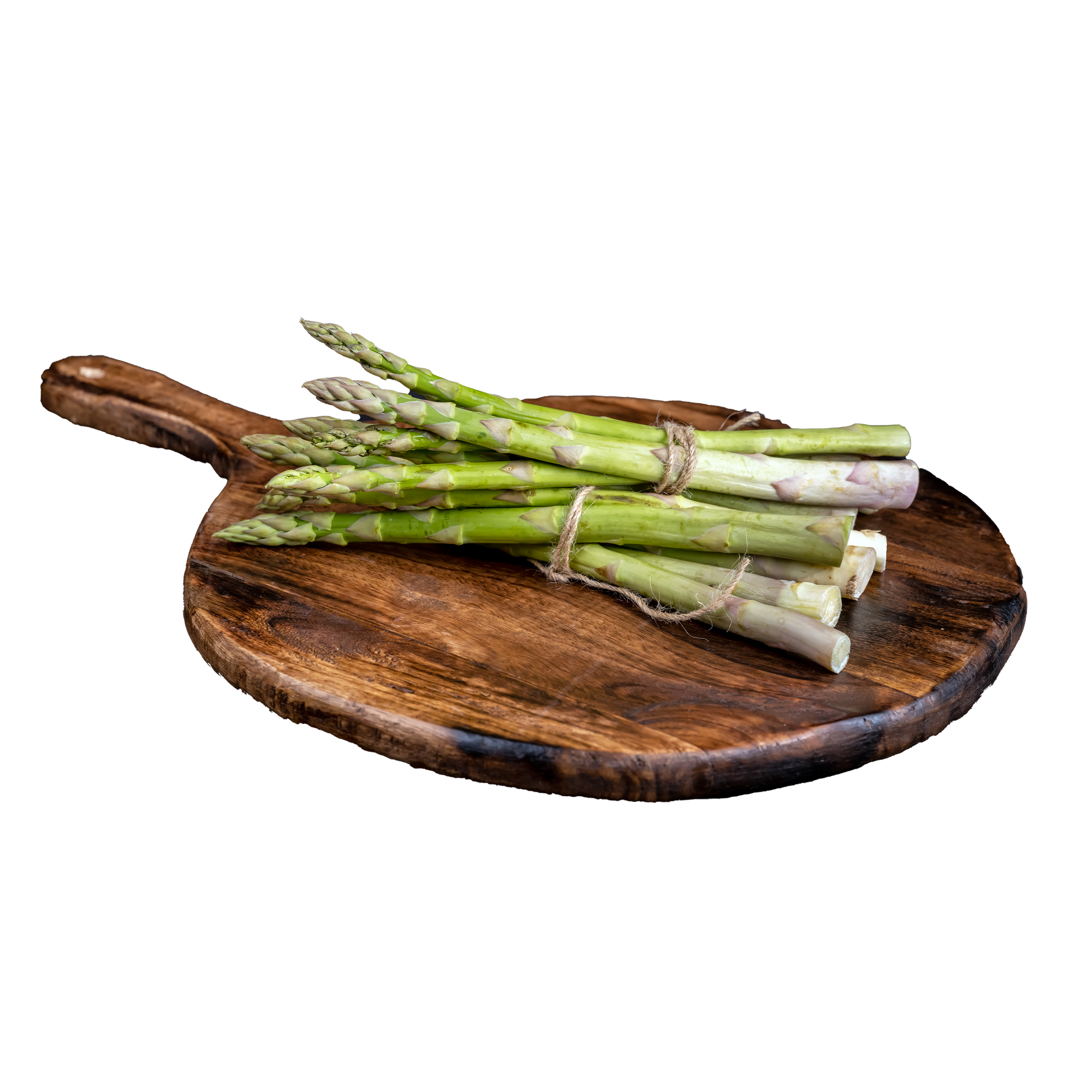 JPOT Japanese BBQ asparagus bundled together with hemp string on a wooden serving board with handle angled view