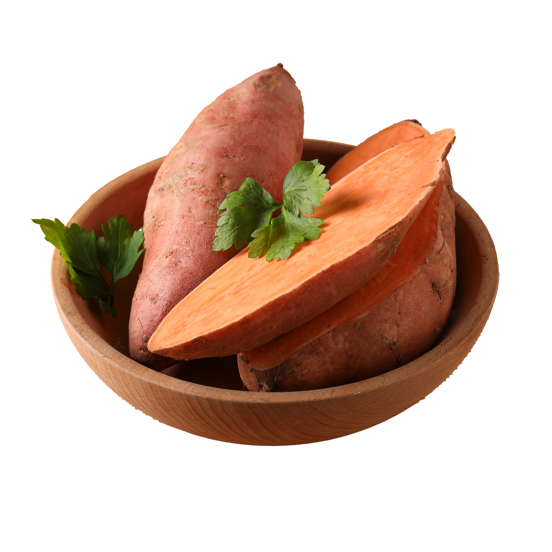 JPOT Japanese BBQ two sweet potatoes in a wooden bowl with one potato sliced vertically in half angled view