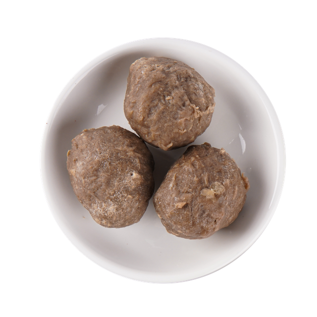 JPOT Japanese hot pot three beef meatballs in white bowl bird's eye view