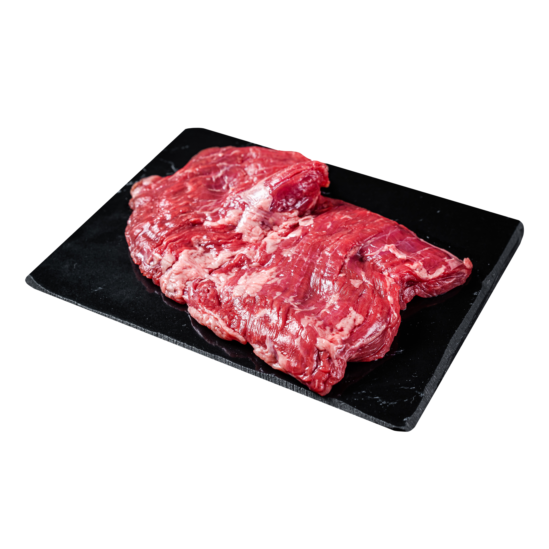 JPOT Japanese BBQ raw beef skirt on a black rectangular plate angled view