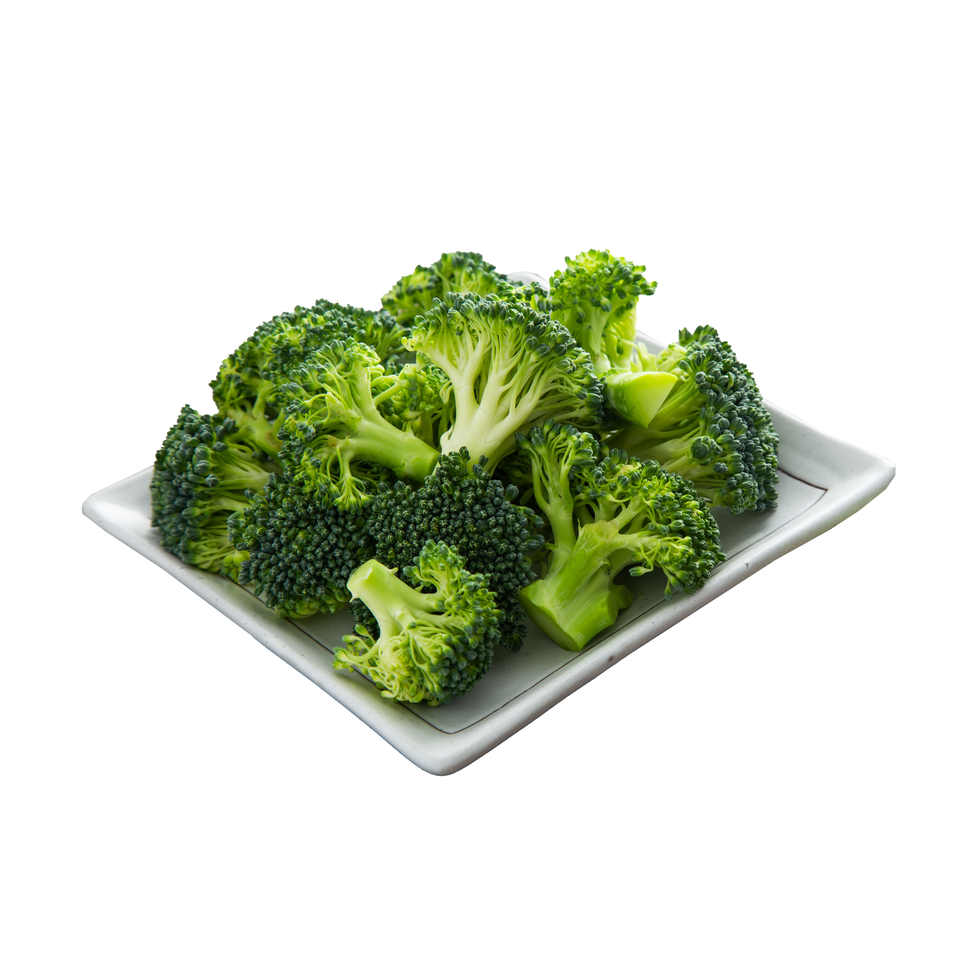 JPOT Japanese BBQ raw green broccoli on a white rectangular plate angled view