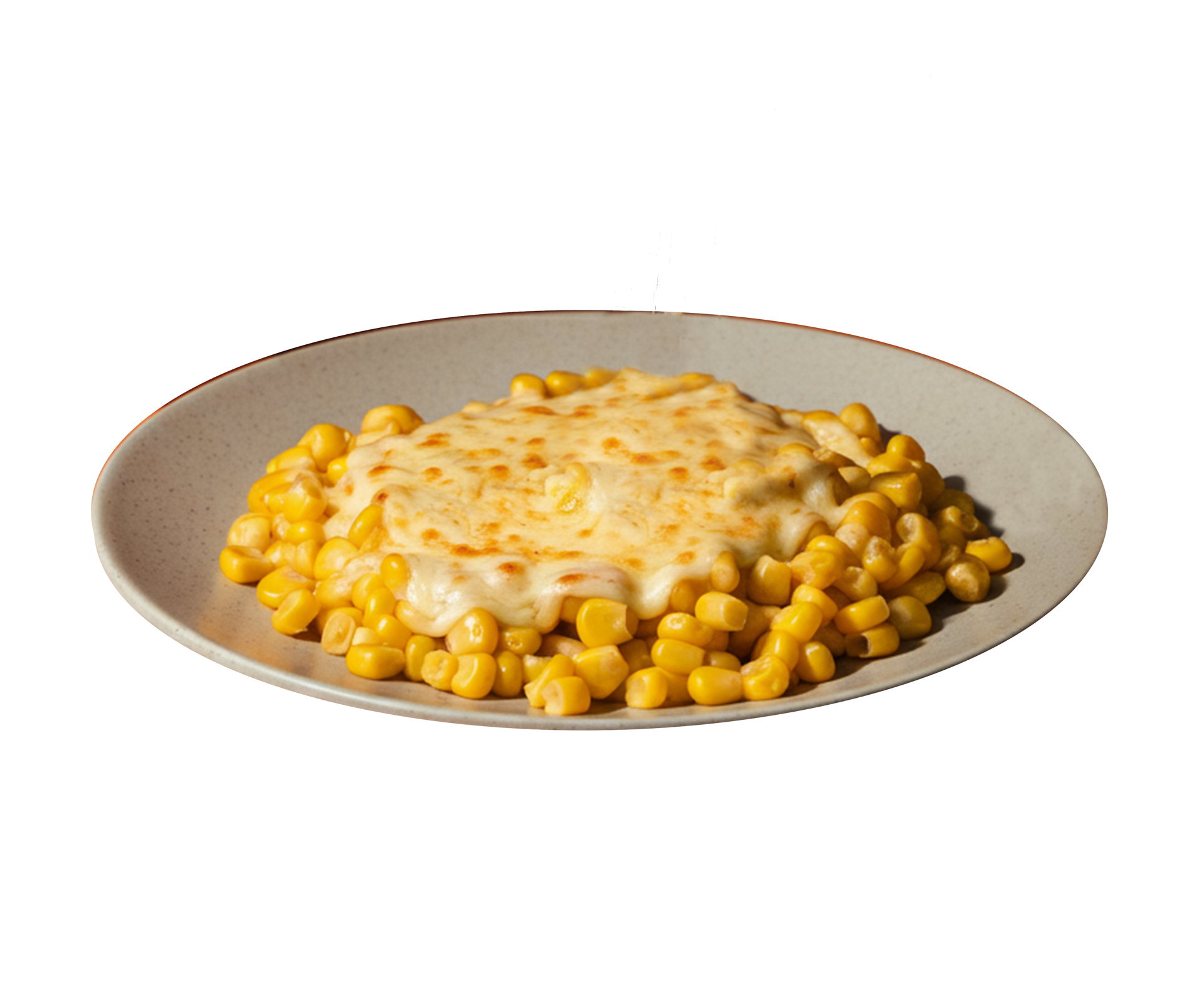 JPOT Japanese BBQ melted cheese over corn on a dark beige plate angled view