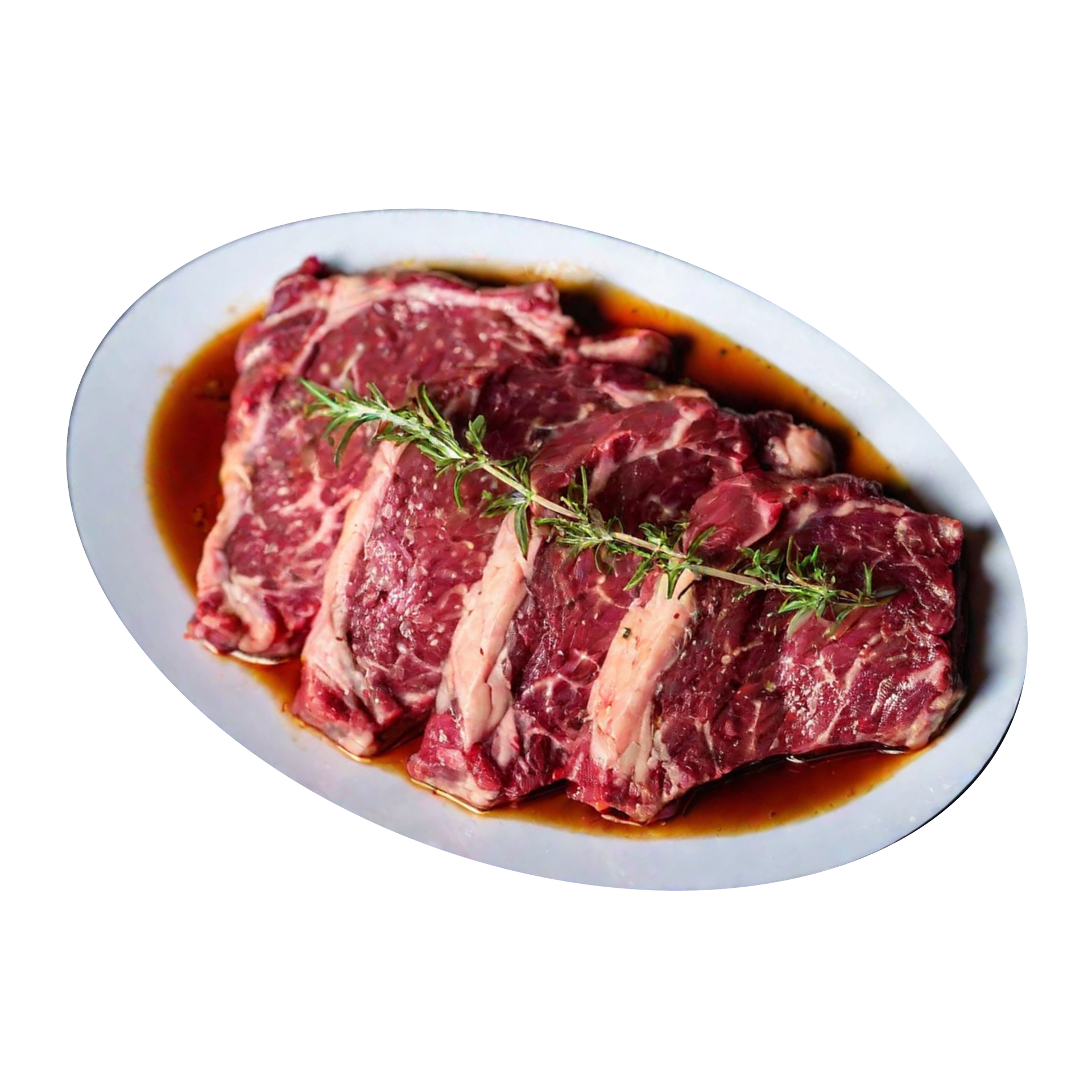 JPOT Japanese BBQ raw marinated sliced ribeye on a white plate angled view