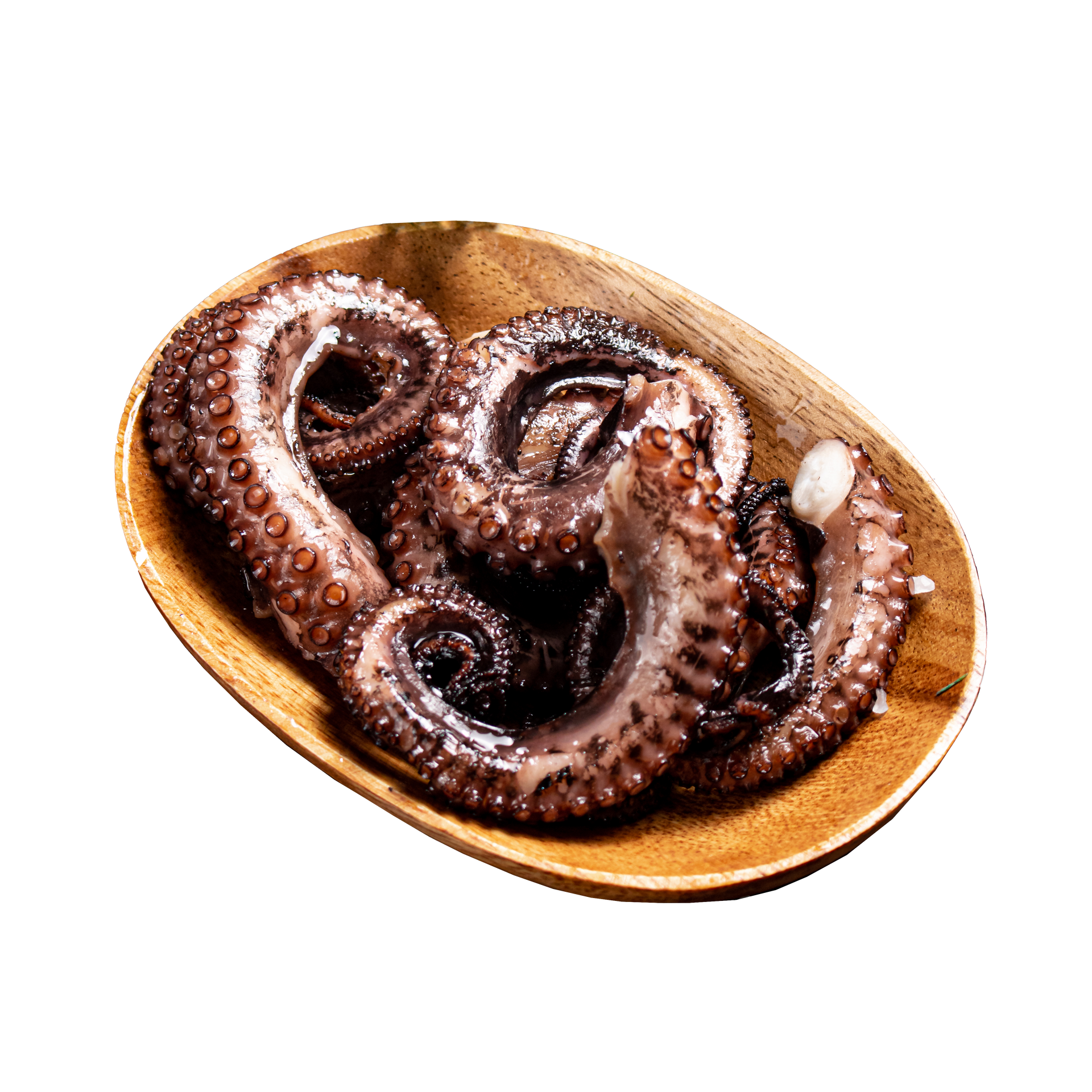 JPOT Japanese BBQ cooked octopus in a wooden plate angled view