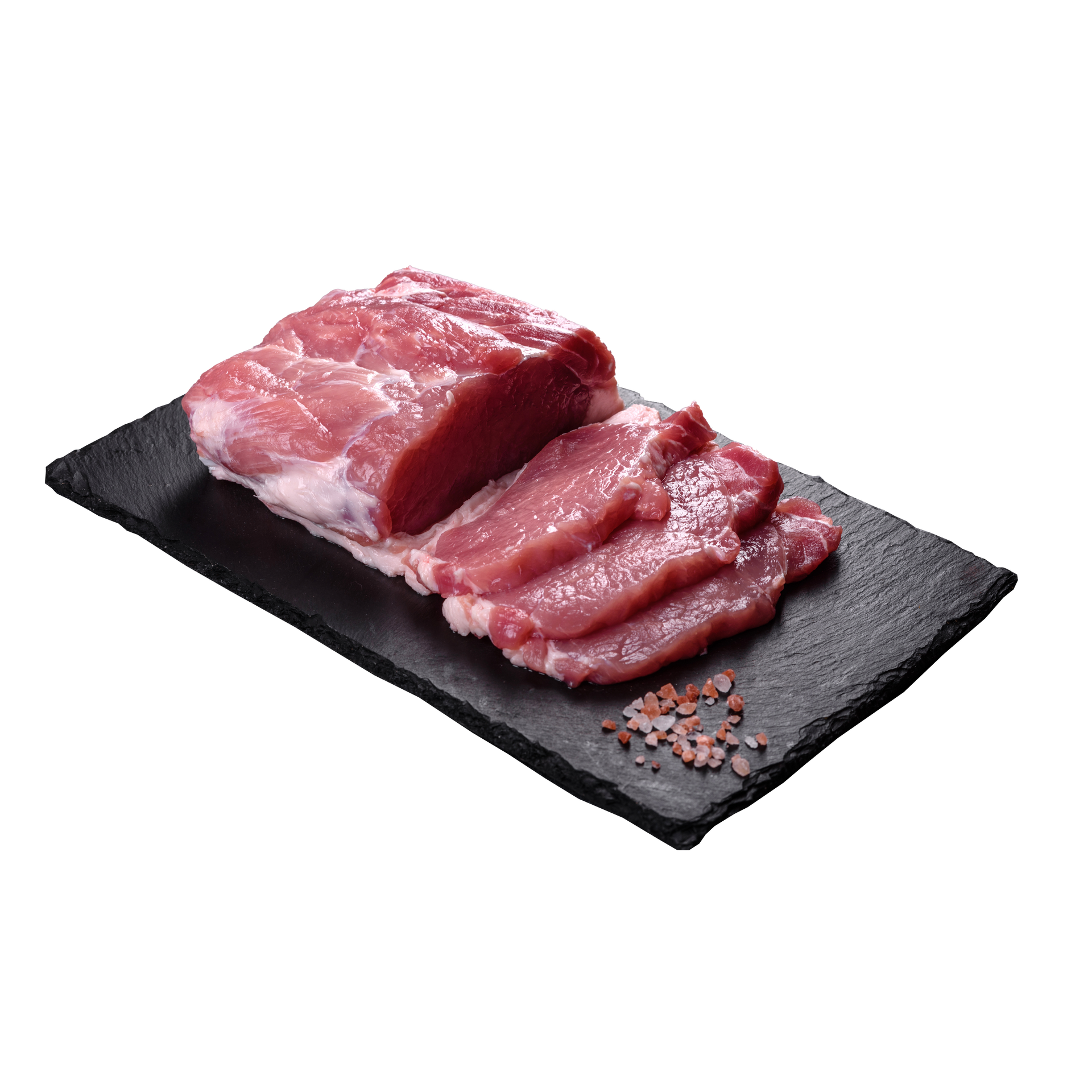 JPOT Japanese BBQ partially sliced pork with small pile of pink salt on black stone serving board angled view