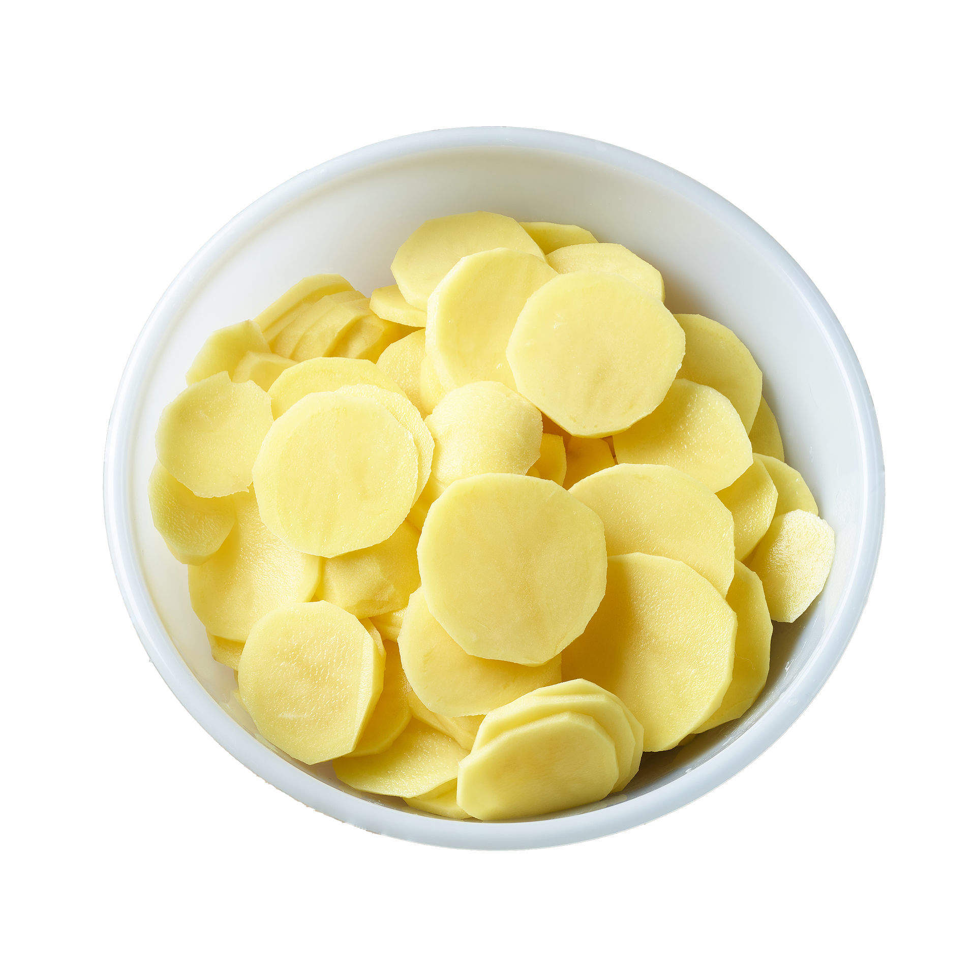 JPOT Japanese hot pot sliced peeled potatoes in a white bowl bird's eye view