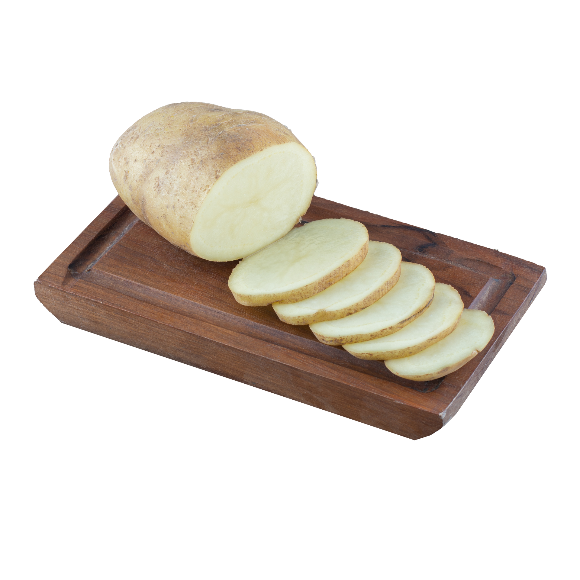 JPOT Japanese BBQ potato partially sliced on a wooden rectangular serving board angled view