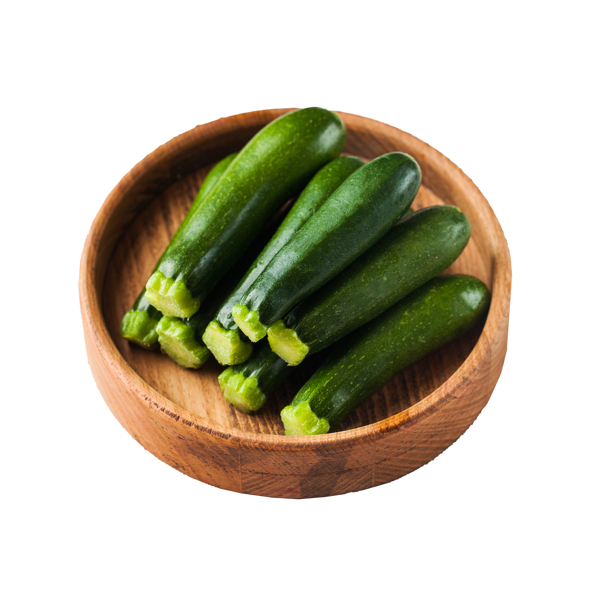 JPOT Japanese BBQ zucchini stacked on top of each other in wooden bowl angled view