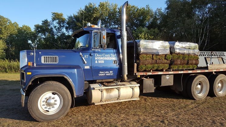 A blue semi-truck loaded with wrapped pallets of sod parked in a field.
