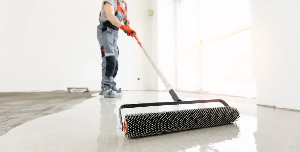 Worker using a floor roller to spread coating on a wet concrete floor in a bright room
