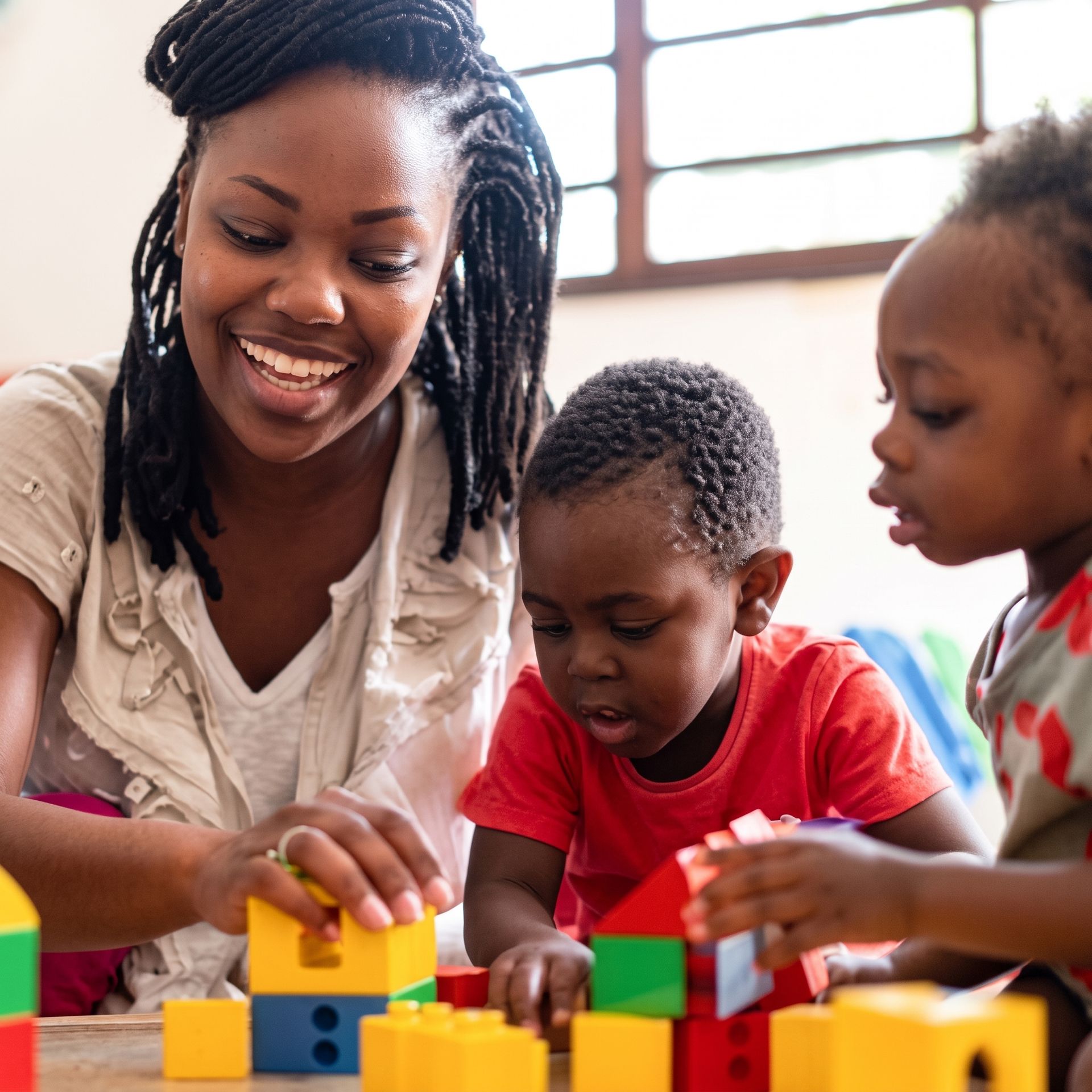 Woman and two children playing with colorful blocks at a table, smiling in a bright room
