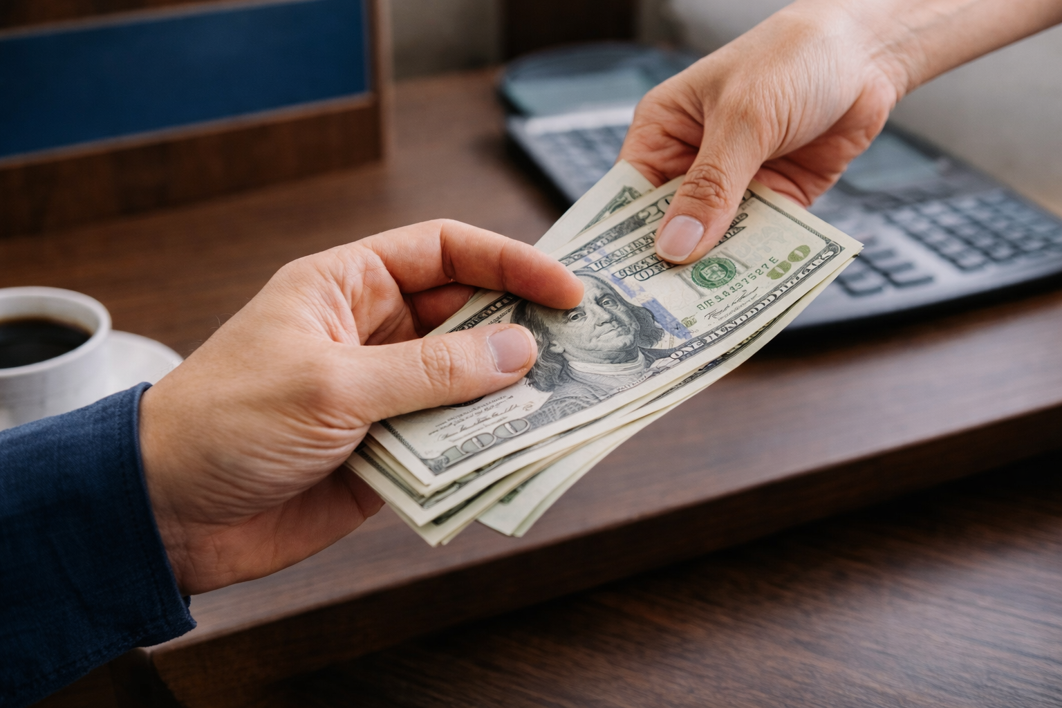 A hand holds and exchanges a stack of US 100-dollar bills over a dark wooden desk with a coffee cup and telephone.