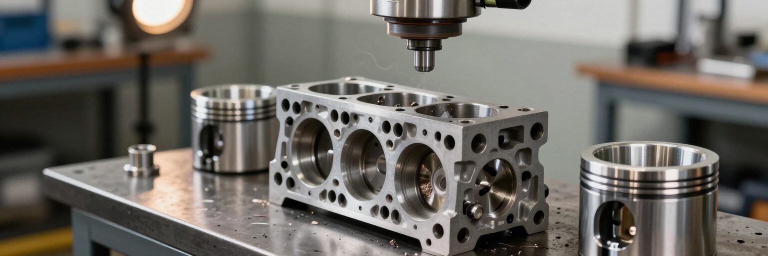 Bloque de motor metálico mecanizado por CNC sobre un banco de trabajo con piezas de precisión y herramienta de corte arriba.