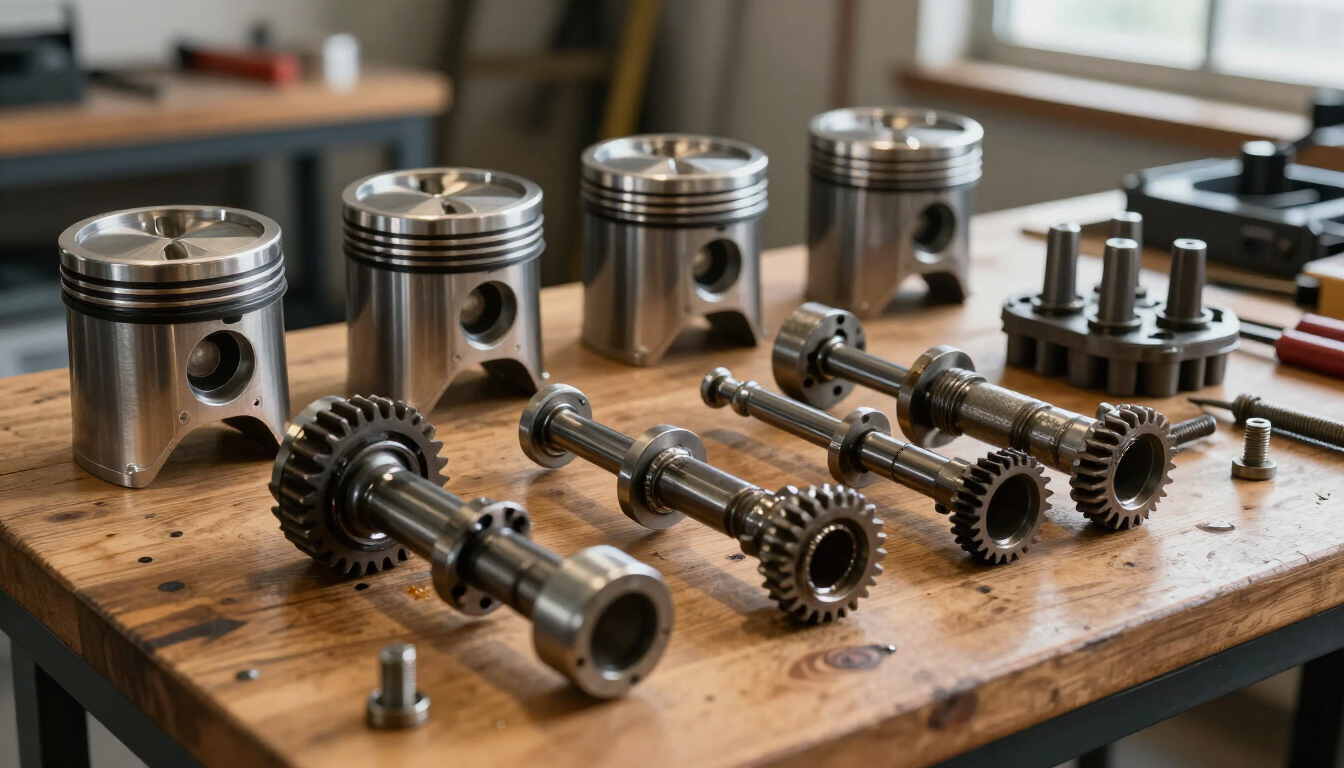 Piezas metálicas de motor y pistones desmontados, dispuestos sobre un banco de trabajo de madera en un taller.