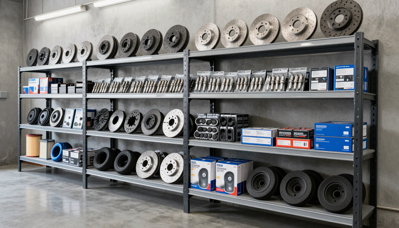 Estanterías con llantas y neumáticos para automóviles en un pasillo de una tienda estilo almacén.