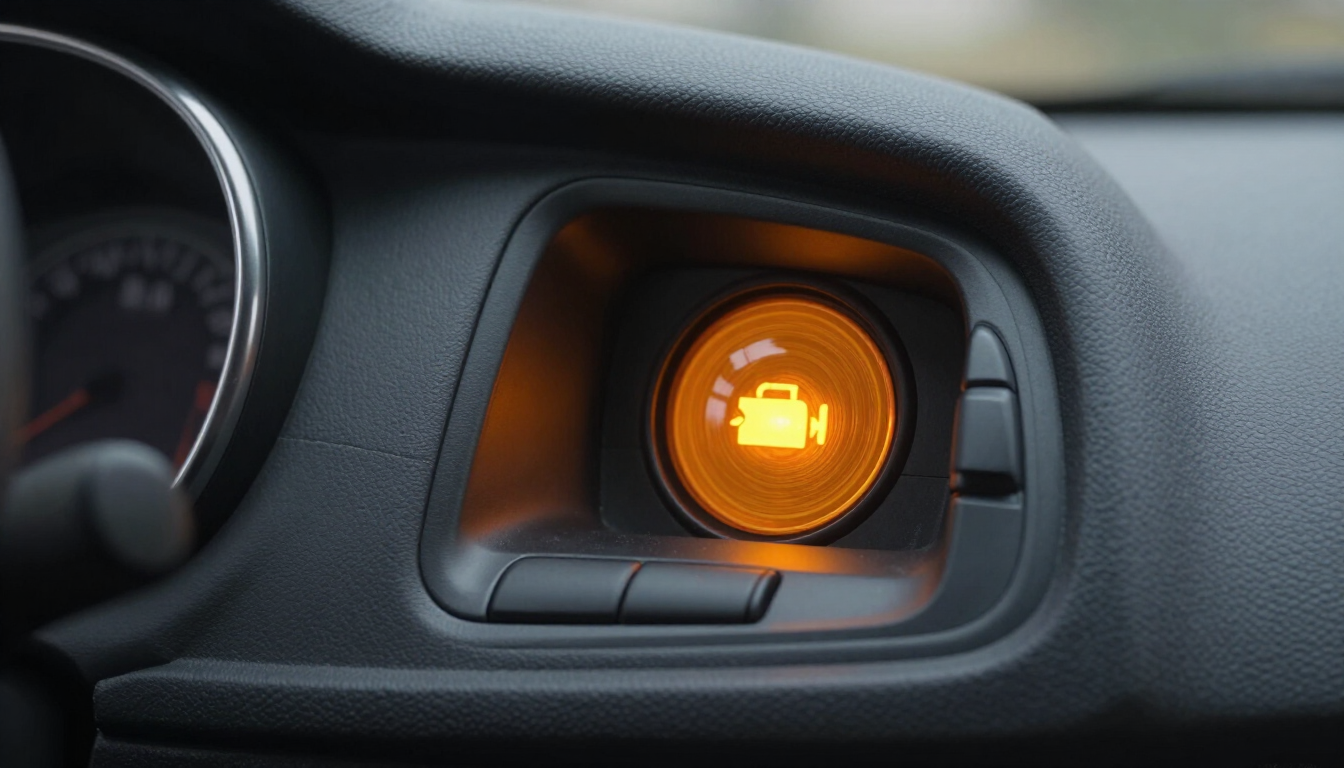 Primer plano de una luz de advertencia del tablero de un automóvil que brilla en color ámbar cerca del velocímetro.
