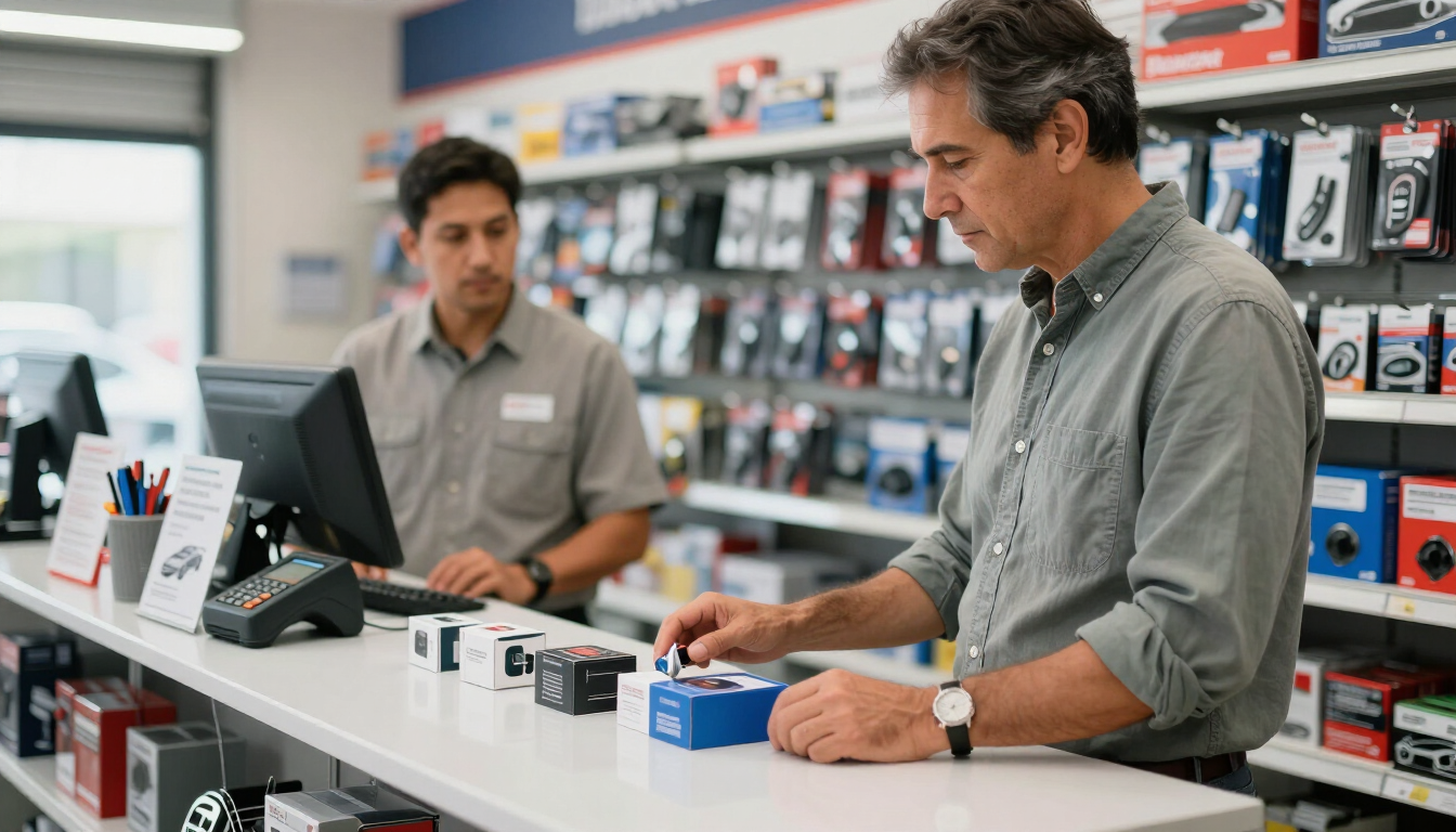 Dos hombres comparan accesorios para teléfonos en el mostrador de una tienda, con los productos empaquetados expuestos detrás de ellos.