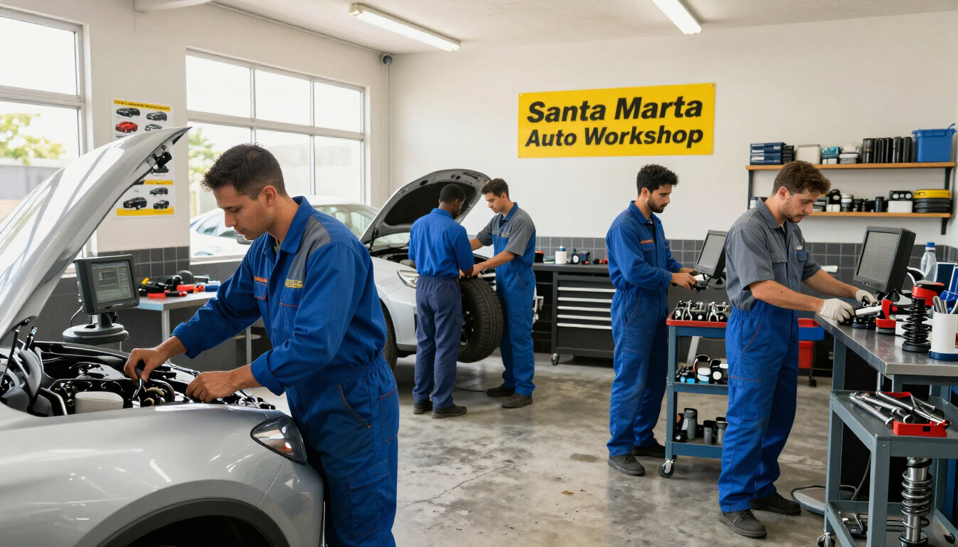 Mecánicos con monos azules trabajan en los coches dentro del taller mecánico Santa Marta.