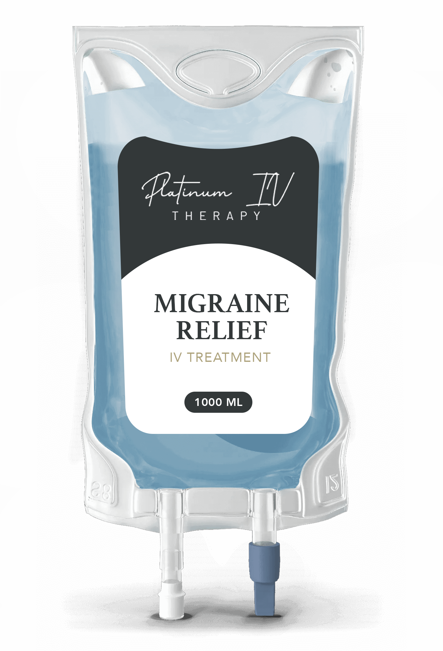 A bag of migraine relief is sitting on a table.