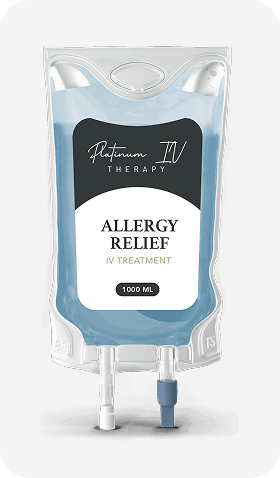 A bag of allergy relief iv treatment is sitting on a table.