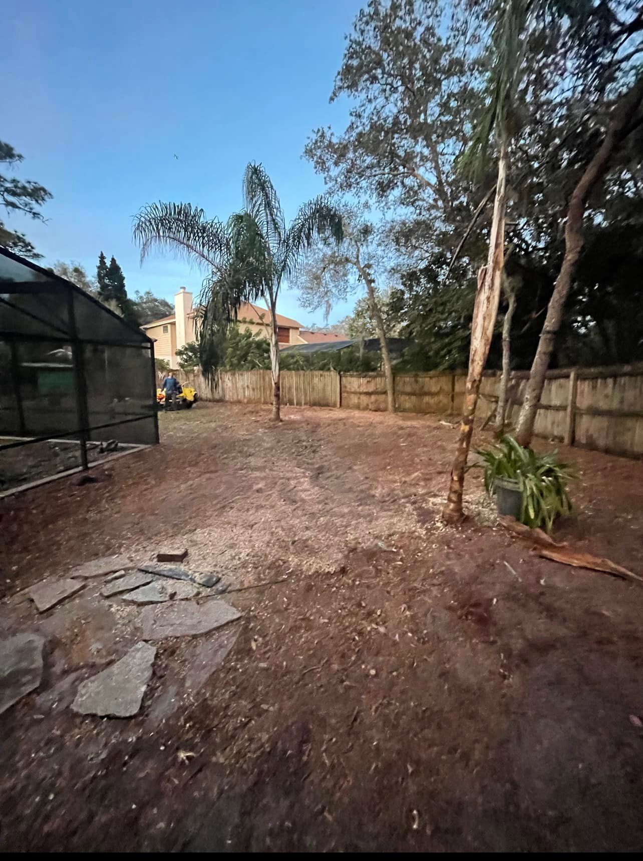Bare backyard with fence, trees, and a screen enclosure under a blue sky.