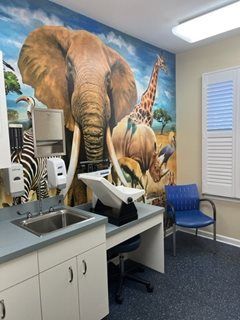 Pediatric exam room with an animal mural and a sink, a desk, and a blue chair.