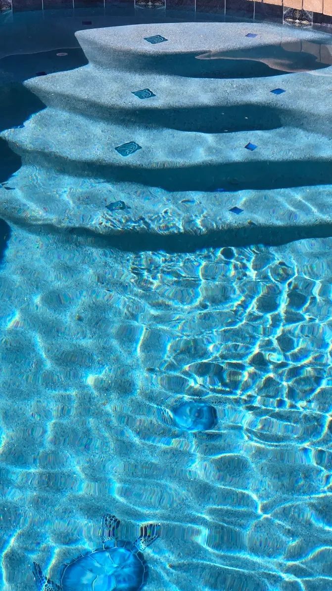 Blue swimming pool water with sunlit ripples and submerged steps leading into the pool