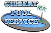 Gilbert Pool Service logo with blue pool, palm trees, and bold gray lettering