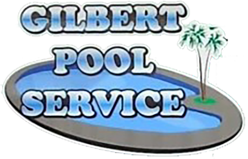 Gilbert Pool Service logo with blue pool, palm trees, and bold gray lettering
