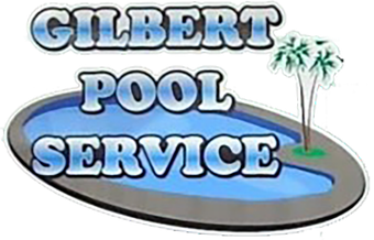 Gilbert Pool Service logo with blue pool, palm trees, and bold gray lettering