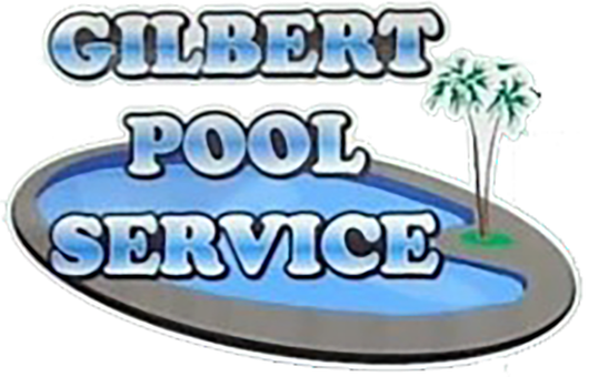 Gilbert Pool Service logo with blue pool, palm trees, and bold gray lettering