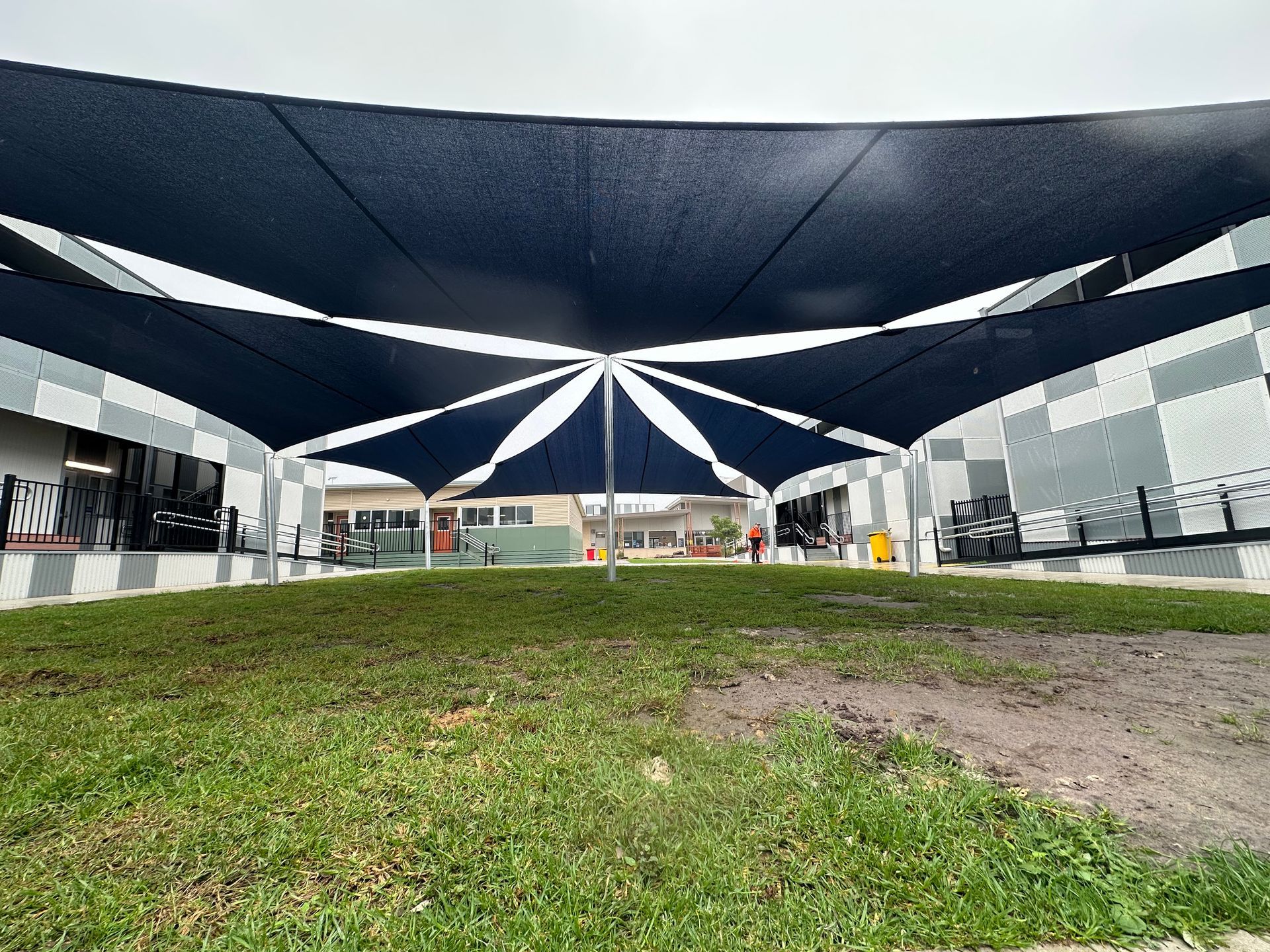 Complete shade sail installation from start to finish at Cranbourne West Secondary College, featuring durable commercial‑grade shade sails, steel posts, and professional construction by a licensed Melbourne shade sail installer specialising in school, council, and large‑scale outdoor shade structure projects.