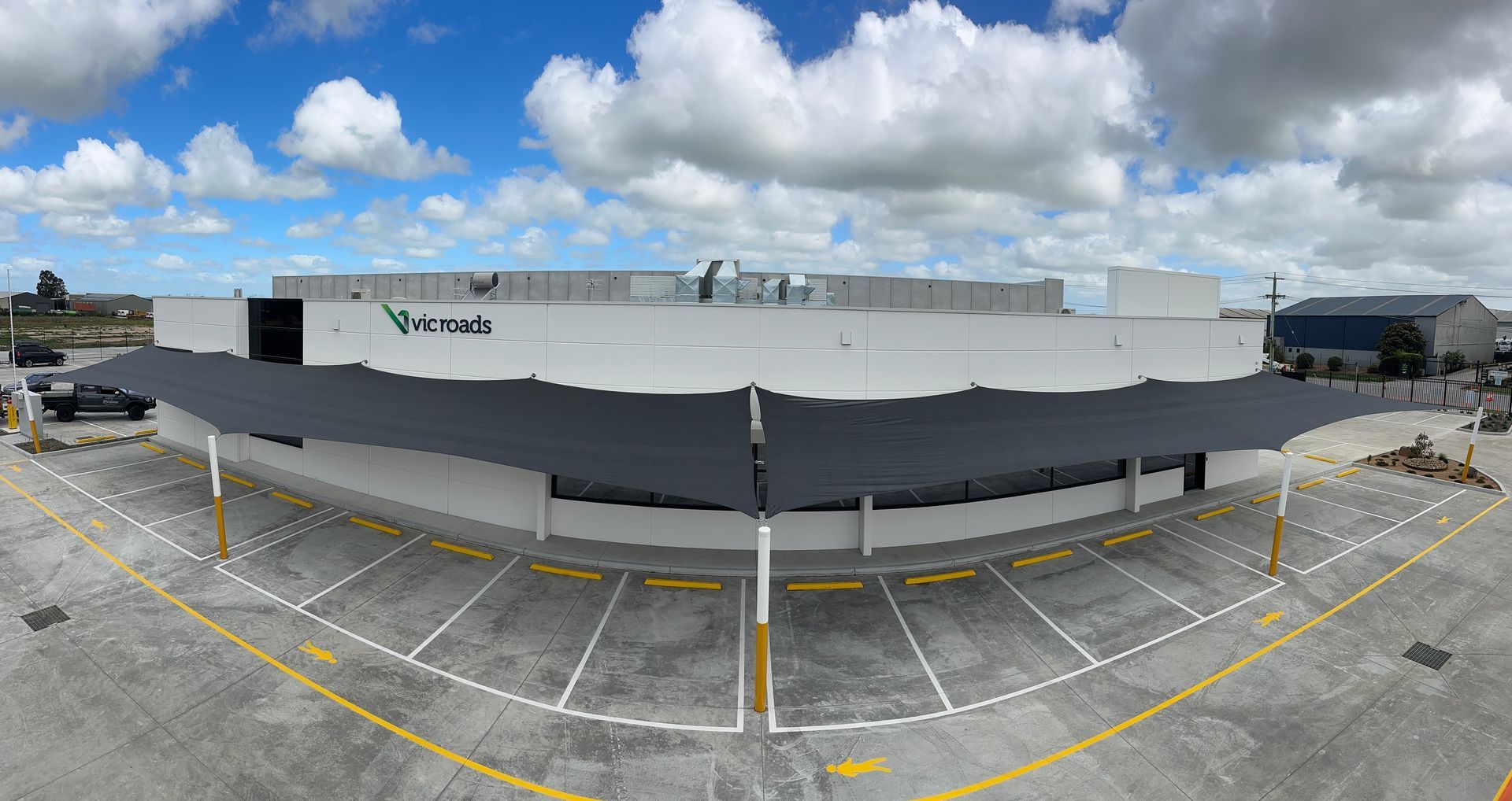Commercial shade sail installation at the VicRoads Pakenham facility, providing durable sun protection over the parking bay area and enhancing safety and usability for high‑traffic government sites across Melbourne’s South East