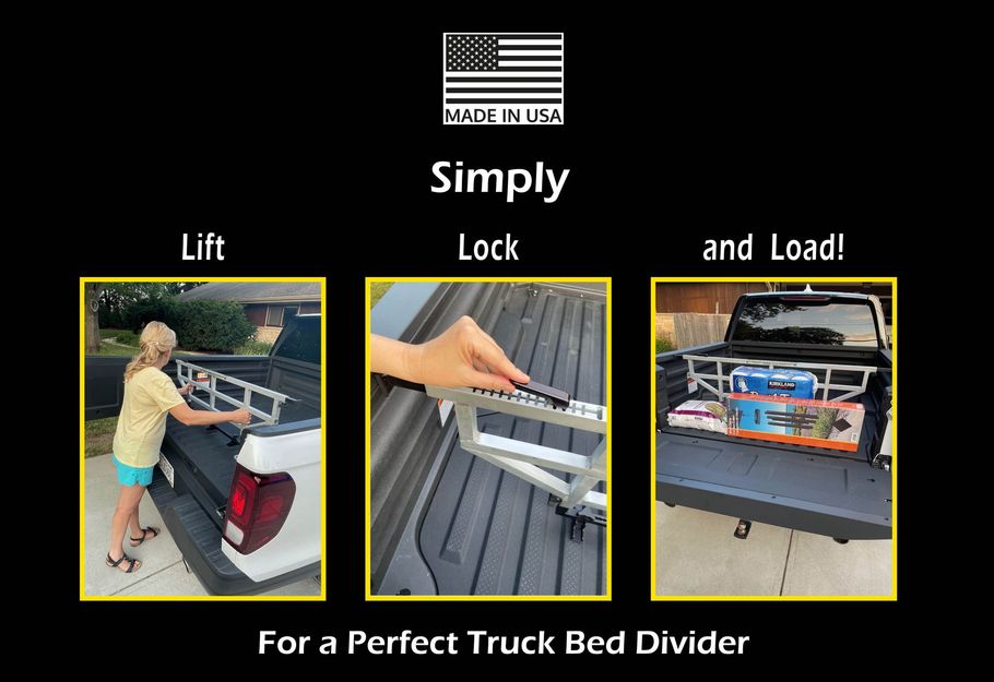 Truck bed divider instructions: Lift, lock, and load. Includes photos of divider use, and a person using the divider.