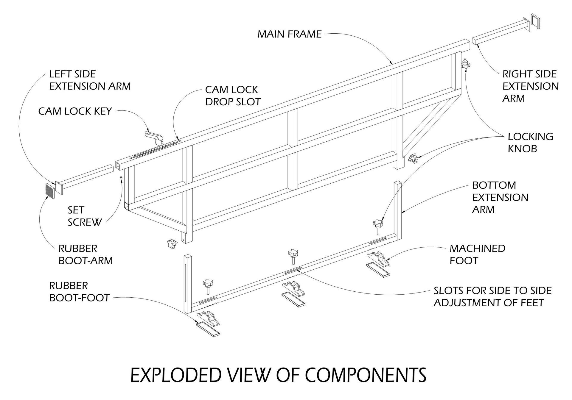 Exploded view of a mechanical frame with labeled parts: arms, frame, locks, and machined components.