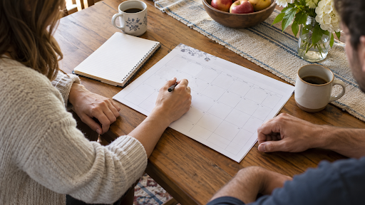 Parents reviewing a parenting schedule and school calendar while discussing a possible relocation