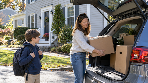 Parent reviewing moving plans at home with their child before a possible relocation from Massachuset